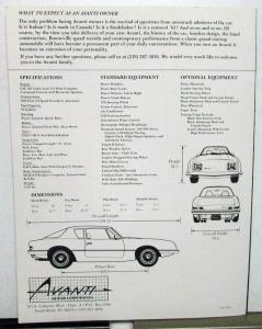 1983 Avanti Card Stock Sales Brochure Folder Original Features Specs Options