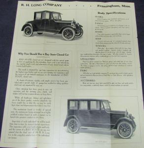 1922 Bay State Auto Coupe Sedan Cars R H Long Co Framingham MASS Sales Brochure