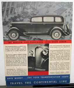 1933 Continental BEACON Motor Car Original Sales Brochure Sedan Coupe Roadster