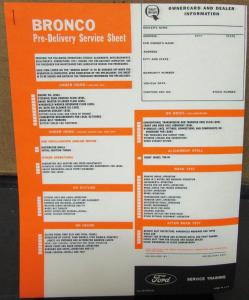 1968 Ford Bronco Dealer Pre-Delivery Service Sheet Shop Maintenance Checklist