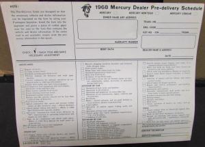 1968 Mercury Dealer Pre-Delivery Service Sheet Checklist Cougar Cyclone Marquis