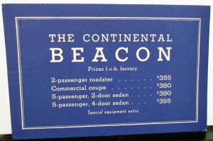 1933 1934 Continental Beacon FOB Price Card Roadster Coupe Sedan ORIGINAL