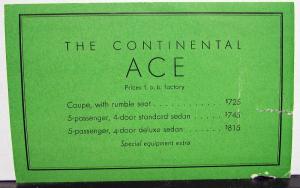 1933 1934 Continental ACE FOB Price Card Rumble Seat Coupe & Sedan ORIGINAL