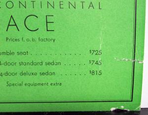 1933 1934 Continental ACE FOB Price Card Rumble Seat Coupe & Sedan ORIGINAL