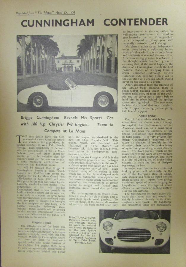 Cunningham Contender Article Reprinted From London THE MOTOR April 25 1951