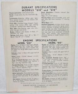1931 Durant 610 4 Cylinder & 612 6 Cylinder Models Sales Brochure Original