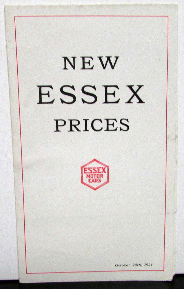 1922 Essex Motor Cars Price List With Other Makes Price Comparison Sale Brochure