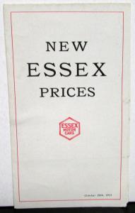 1922 Essex Motor Cars Price List With Other Makes Price Comparison Sale Brochure