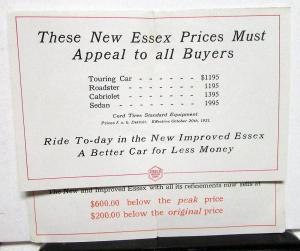 1922 Essex Motor Cars Price List With Other Makes Price Comparison Sale Brochure