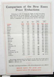 1922 Essex Motor Cars Price List With Other Makes Price Comparison Sale Brochure