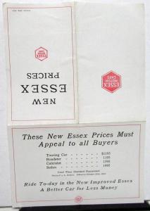 1922 Essex Motor Cars Price List With Other Makes Price Comparison Sale Brochure