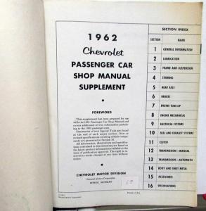 1962 Chevrolet Dealer Service Shop Manual Supplement Biscayne Bel Air Impala