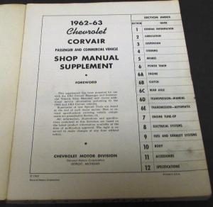 1962-63 Chevrolet Corvair Dealer Service Shop Manual Supplement Original 95