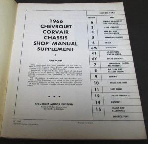 Original 1966 Chevrolet Corvair Dealer Service Shop Manual Supplement Repair