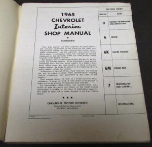 1965 Chevrolet Interim Service Shop Manual Corvette Turbo-Jet 396 400 Trans