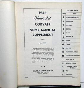 1964 Chevrolet Dealer Corvair Service Shop Manual Supplement 95 Repair