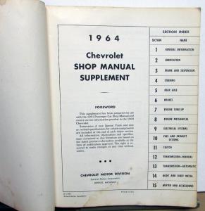 1964 Chevrolet Dealer Service Shop Manual Supplement Biscayne Bel Air Impala SS