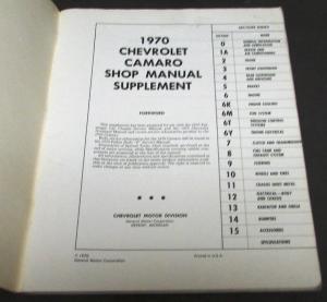 1970 Chevrolet Service Shop Manual Supplement Camaro Overhaul Repair