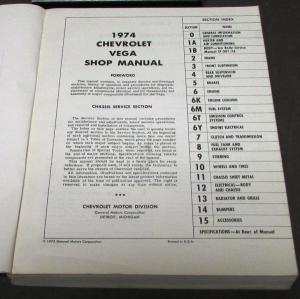 1974 Chevrolet Dealer Service & Overhaul Shop Manual Vega Repair Original