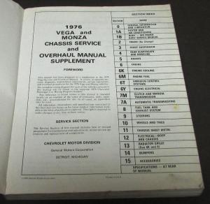 1976 Chevrolet Dealer Service & Overhaul Shop Manual Supplement Vega Monza