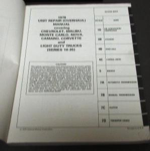 1978 Chevrolet Dealer Service Shop Unit Repair Manual Camaro Corvette Truck