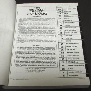 1978 Chevrolet Dealer Service Shop Manual Monza Repair Chevy