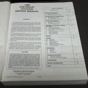 1980 Chevrolet Dealer Service Shop Manual Citation Repair Chevy