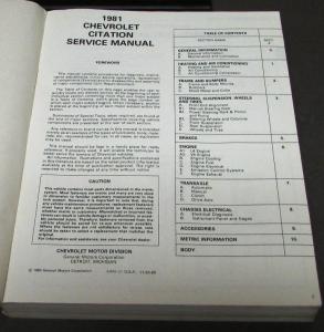 1981 Chevrolet Dealer Service Shop Manual Citation Repair Chevy