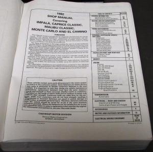 1982 Chevrolet Passenger Car Dealer Shop Service Manual Original Impala ElCamino