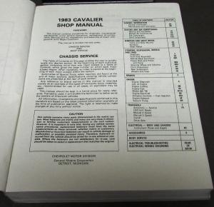 1983 Chevrolet Dealer Service Shop Manual Cavalier Chassis Body Chevy Repair