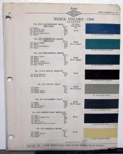 1946 Buick Paint Chips 2 Sided Sheet Page With Formulas By Acme Original