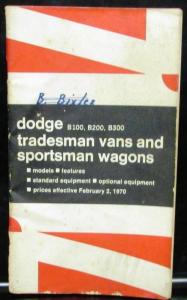 1970 Dodge B100 200 300 Tradesman Sportsman Dealer Price Salesman Pocket Info Bk