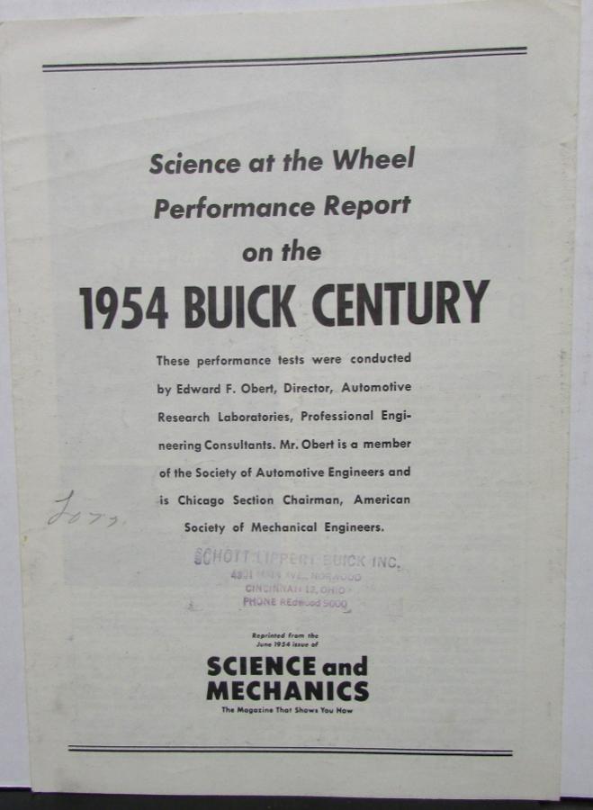 1954 Buick Century Performance Report From Science and Mechanics Magazine Orig