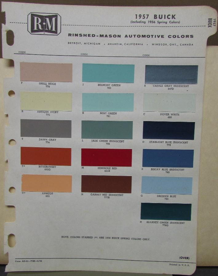1957 Buick Color Paint Chips By Rinshed Mason Co Original