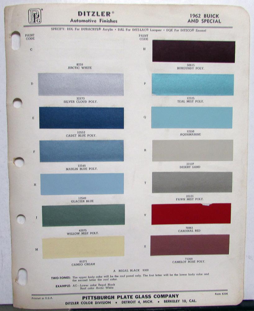 1962 Buick And Special Ditzler Color Paint Chips Original