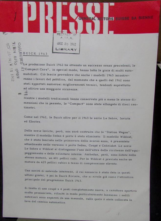 1963 Buick LeSabre Invicta Electra Series & Riviera Italian Press Release