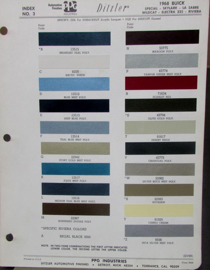 1968 Buick Special Skylark LaSabre Wildcat Electra Riviera Paint Chips Original