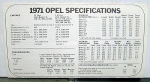 1971 Buick Opel Models Exterior Colors Specifications Sales Brochure Leaflet