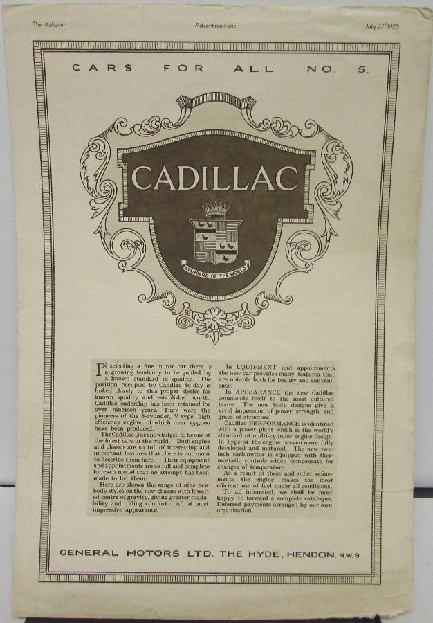 1923 Cadillac Motor Cars Type 61 V8 Reprint Ad July 27 1923 THE AUTOCAR