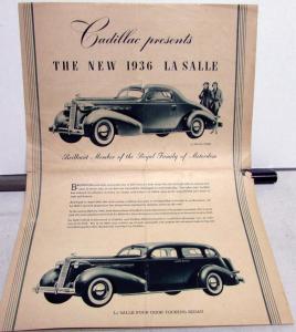 1936 Cadillac LaSalle Coupe & Touring Sedan Original Sales Brochure Folder