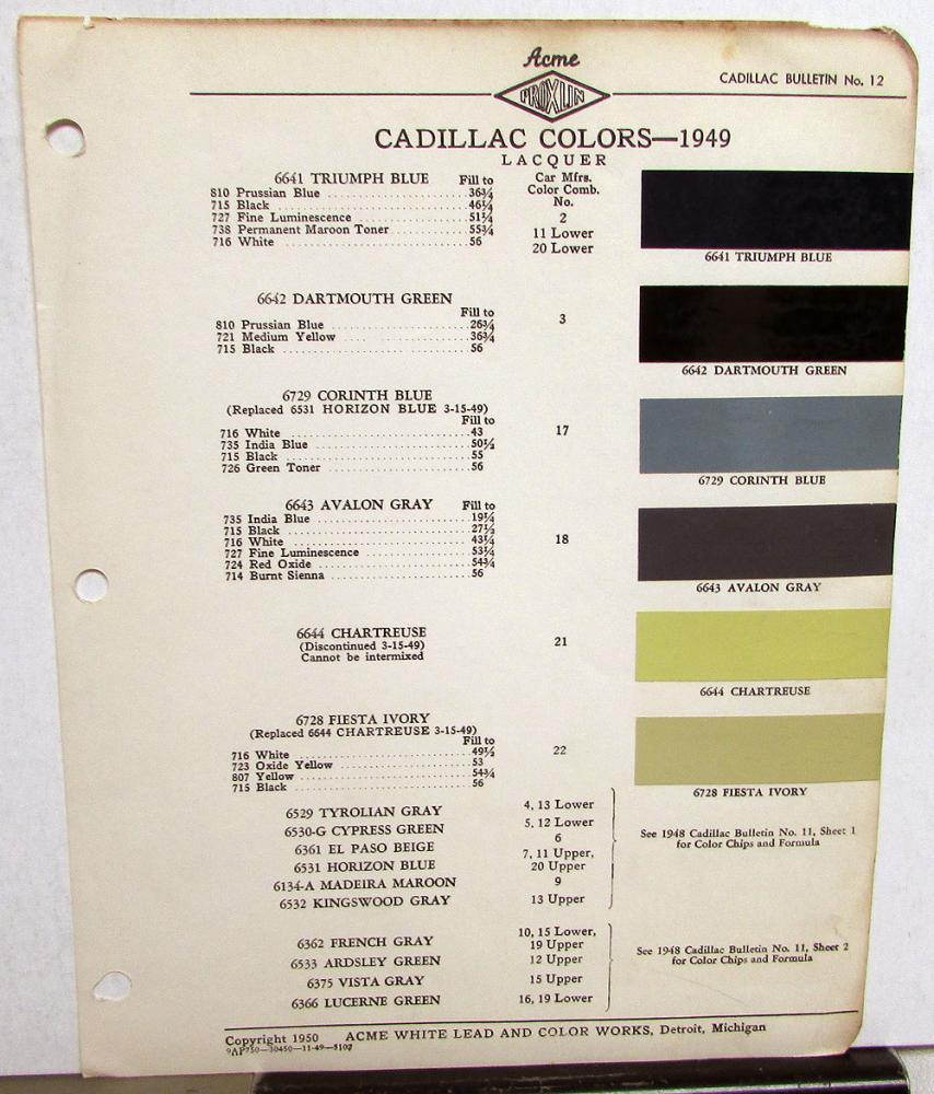 1949 Cadillac Paint Chips Leaflet Acme Colors