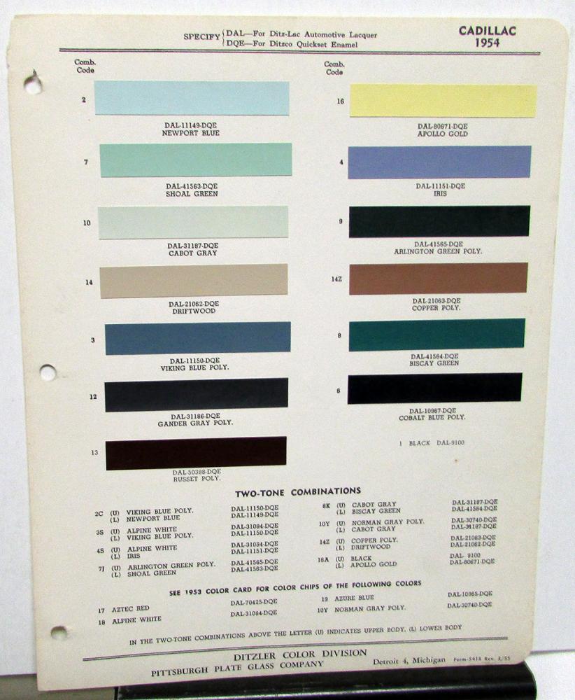 1954 Cadillac Ditzler Paint Chips Colors Leaflet Original