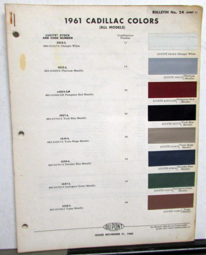 1961 Cadillac DuPont Paint Chips 3 Sheets 68 Thru 60 Colors List Original
