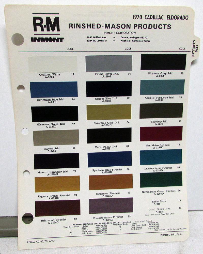 1970 Cadillac R-M Color Paint Chips Sheet Original
