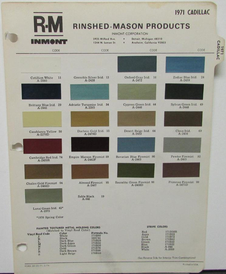 1971 Cadillac Color Paint Chips RM Rinshed Mason Products Sheet Original