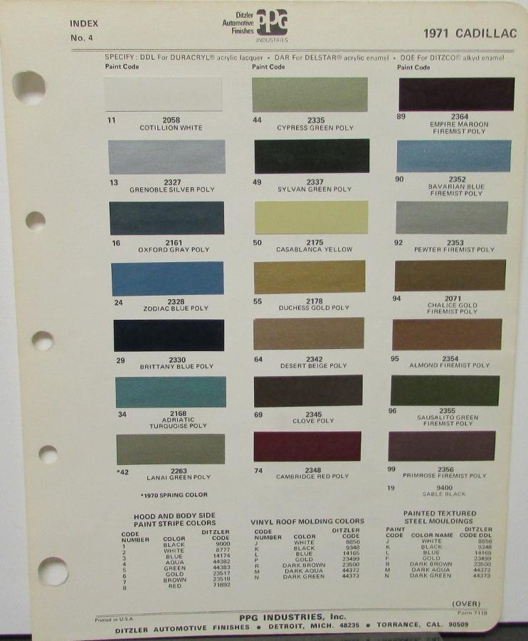 1971 Cadillac Color Paint Chips Ditzler PPG Products Sheet Original