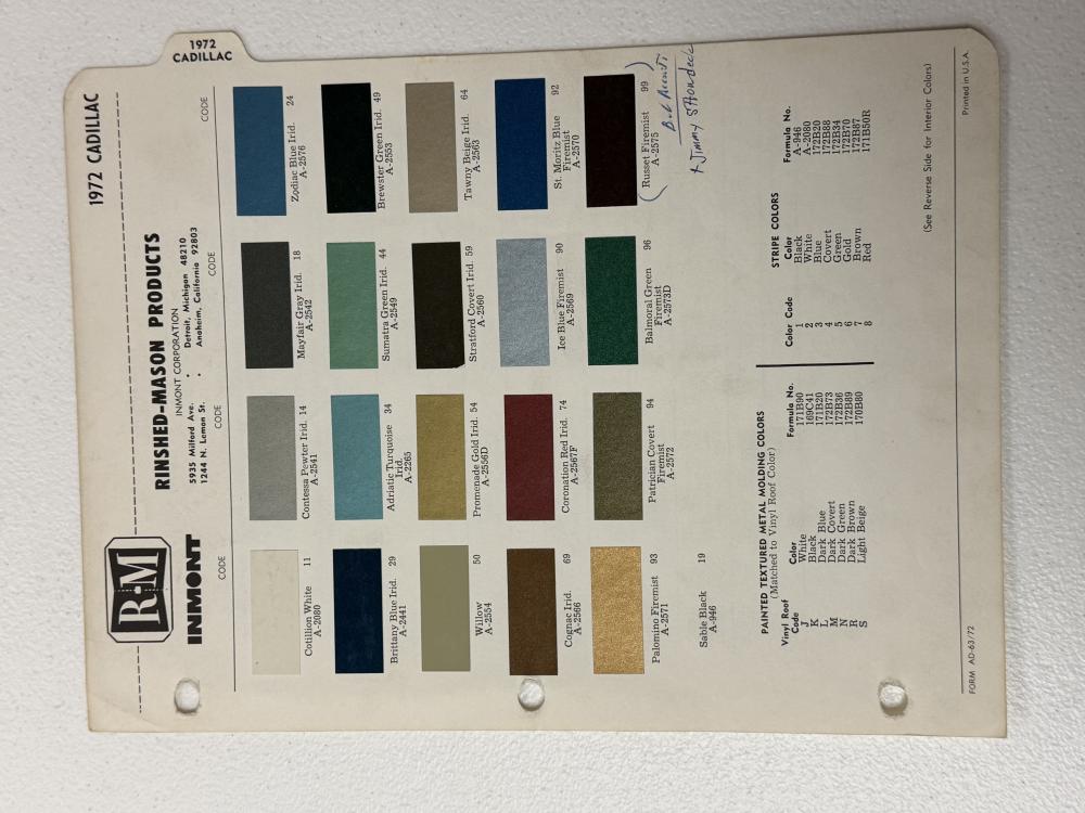 1972 Cadillac Color Paint Chips RM Rinshed Mason Products Original