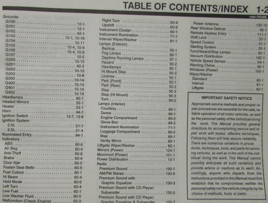 1994 Ford Probe Electrical Vacuum Trouble Shooting Shop Service Manual