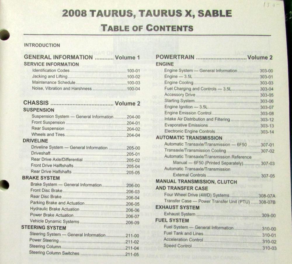 2008 Ford Taurus & X and Mercury Sable Service Shop Repair Manual Original