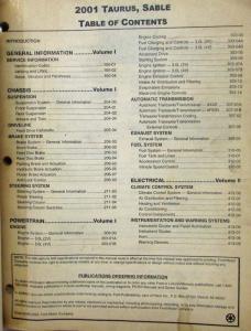 2001 Ford Taurus & Mercury Sable Vols 1 & 2 Service Shop Repair Manual Original